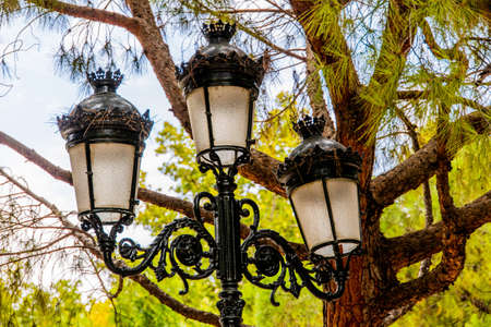 beautiful antique metal black lantern in the city against the backdrop of green treesの写真素材