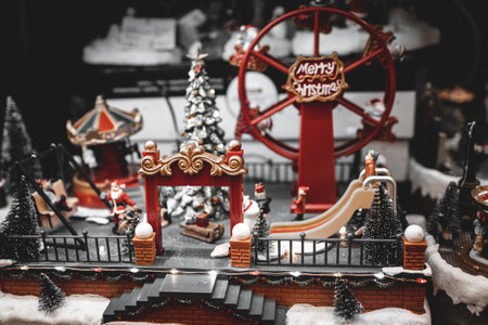 beautiful Christmas decorations with moving figurines on a winter backgroundの写真素材