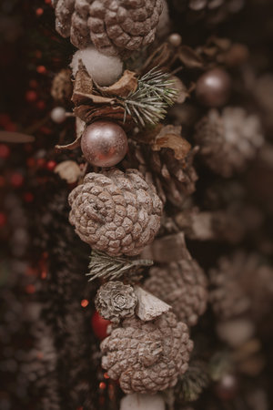 beautiful christmas decorations brown cones in a beige background in close-upの写真素材