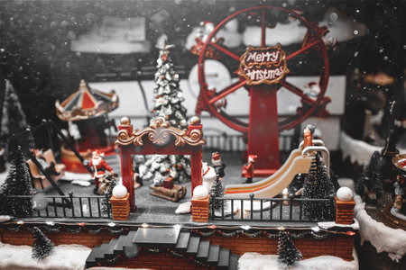 beautiful Christmas decorations with moving figurines on a winter backgroundの写真素材