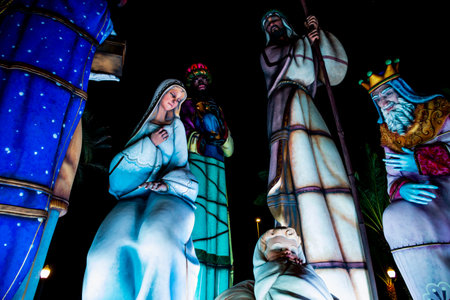 beautiful Spain's largest nativity scene in Alicante at nightの写真素材