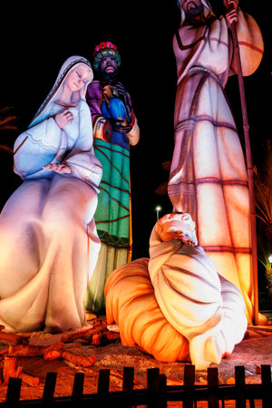 beautiful Spain's largest nativity scene in Alicante at nightの写真素材