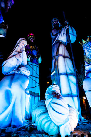 beautiful Spain's largest nativity scene in Alicante at nightの写真素材