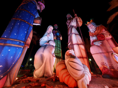beautiful Spain's largest nativity scene in Alicante at nightの写真素材