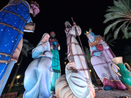 beautiful Spain's largest nativity scene in Alicante at nightの写真素材
