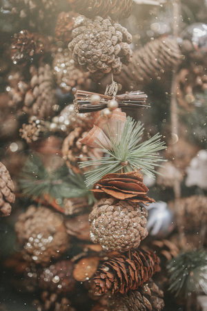 beautiful christmas decorations brown cones in a beige background in close-upの写真素材