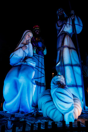 beautiful Spain's largest nativity scene in Alicante at nightの写真素材