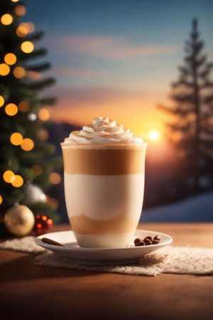 large hot coffee with whipped cream on a bokeh background with Christmas decorationsの素材