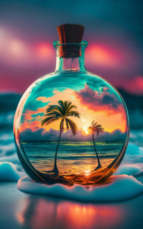 graphic surreal desert island with palm trees in a bottle against the background of the setting sunの素材