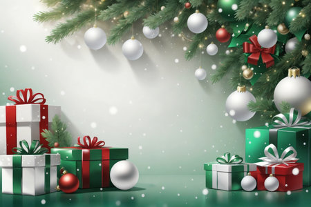 beautiful christmas green background with christmas tree, gifts and space for textの素材