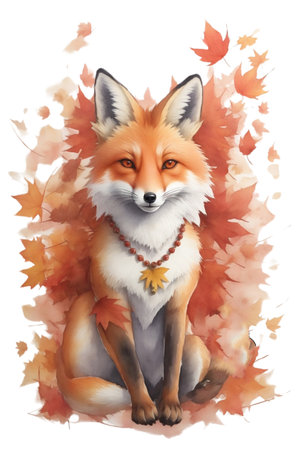 beautiful red fox against the background of autumn leavesの素材