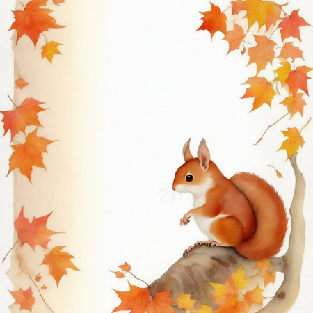cute little red squirrel watercolor line art in autumn park space for textの素材