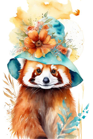 beautiful red panda in a boho hat on a white backgroundの素材