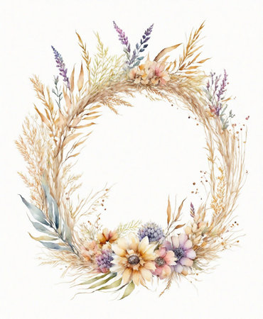 beautiful autumn wreath of flowers in boho style on white backgroundの素材