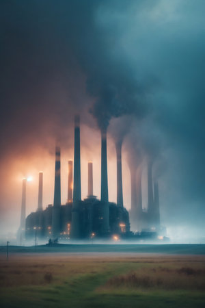 landscape smoking chimneys environmental pollution from industry,の素材