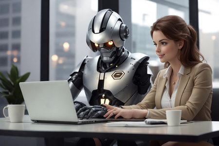 artificial intelligence cute robot at work in the futureの素材