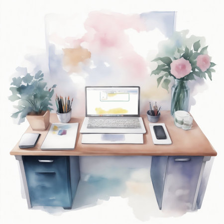 colorful study desk graphics with watercolor flowers start of the school yearの素材