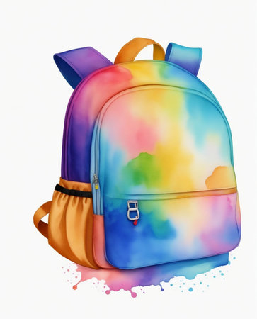 graphics of a colorful school backpack, watercolor on a white backgroundの素材