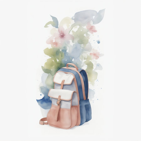 graphics of a colorful school backpack, watercolor on a white backgroundの素材