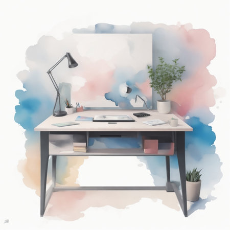 colorful study desk graphics with watercolor flowers start of the school yearの素材