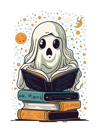 cute kawaii white ghost reading books artwork for halloweenの素材
