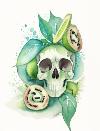 kiwi, skull with fruits on a white background watercolor graphicsの素材