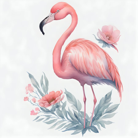 one pink flamingo on white background watercolor artworkの素材