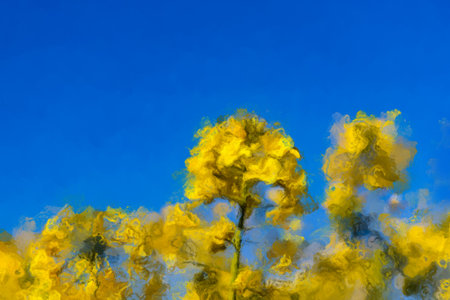 beautiful calm abstract graphic background, minimalist yellow spring rape field blue cloudless idyllic peace in the sky colors of the ukrainian flagの写真素材