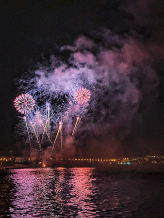 beautiful colorful fireworks in the night sky on the seafront of Alicante spain