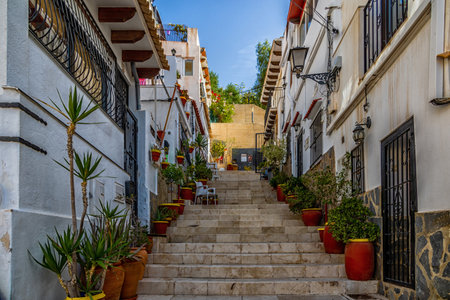 beautiful historic old colorful houses Barrio Santa Cruz Alicante Spain on a sunny dayの写真素材