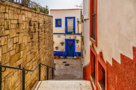 beautiful historic old colorful houses Barrio Santa Cruz Alicante Spain on a sunny dayの写真素材