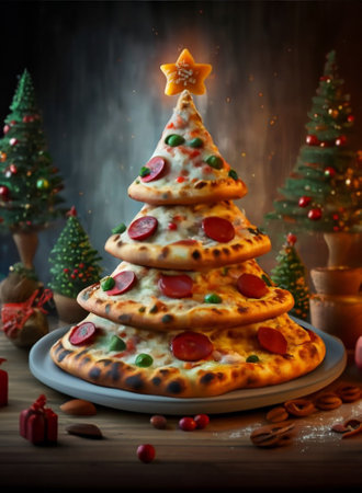graphics of a large Christmas tree of pieces of pizza with pepperoni on the Christmas Eve tableの素材