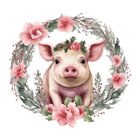graphic of a pink pig in a hat in a Christmas wreathの素材