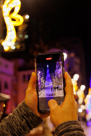 beautiful Christmas decorations at night in Alicante cityの写真素材