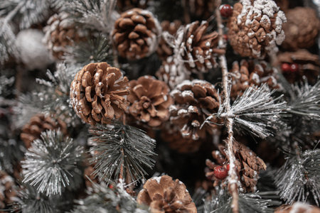 beautiful christmas decorations brown small pine conesの写真素材