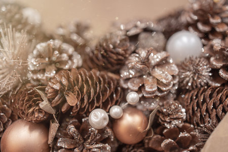 beautiful christmas decorations brown small pine conesの写真素材