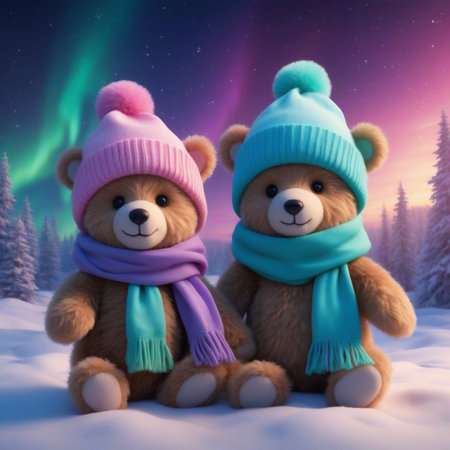 winter graphic of a cute teddy bear in pastel hats on the background of the Aurora Borealisの素材