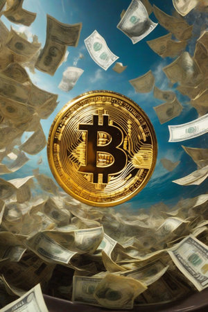 graphics of a large bitcoin symbol on a money backgroundの素材