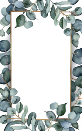 watercolor graphics eucalyptus leaves on white background with space for textの素材