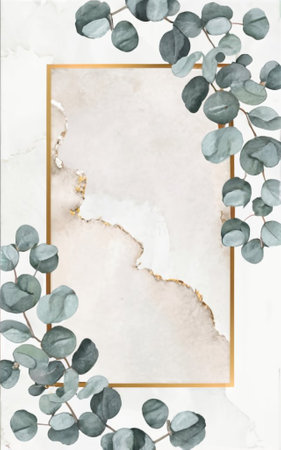 watercolor graphics eucalyptus leaves on white background with space for textの素材