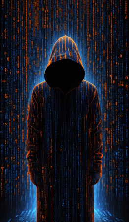 graphics of a hacker in a hood on the background of a computer artificial intelligence matrixの素材