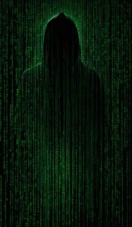 graphics of a hacker in a hood on the background of a computer artificial intelligence matrixの素材