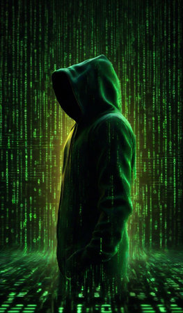 graphics of a hacker in a hood on the background of a computer artificial intelligence matrixの素材