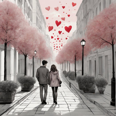 beautiful graphic couple in love in the city clouds red heartsの素材