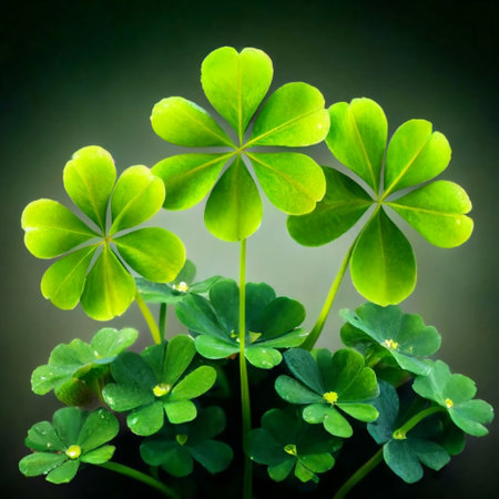 cute graphics A bouquet of four leaf clovers green tonesの素材