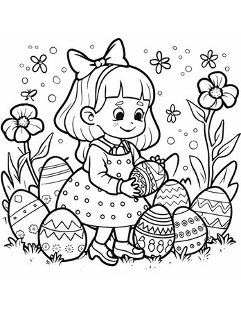 a beautiful Easter coloring page for children with a girl and Easter eggsの素材