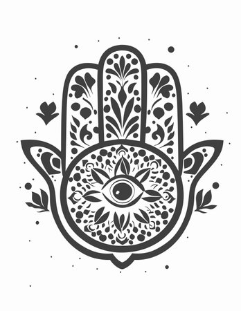 beautiful black and white graphic oriental hamsa with the eye of the prophetの素材