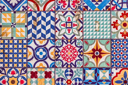 A collection of decorative ceramic tiles displays an array of intricate patterns and vibrant colors, including blues, reds, and greensの写真素材