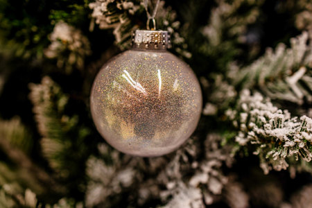 A glittering Christmas ornament hangs from a branch of a snow-dusted evergreen treeの写真素材