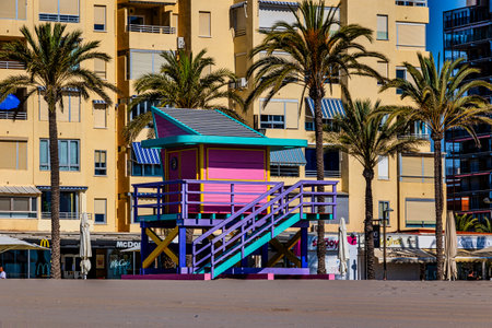 A colorful lifeguard tower in Alicanteの写真素材